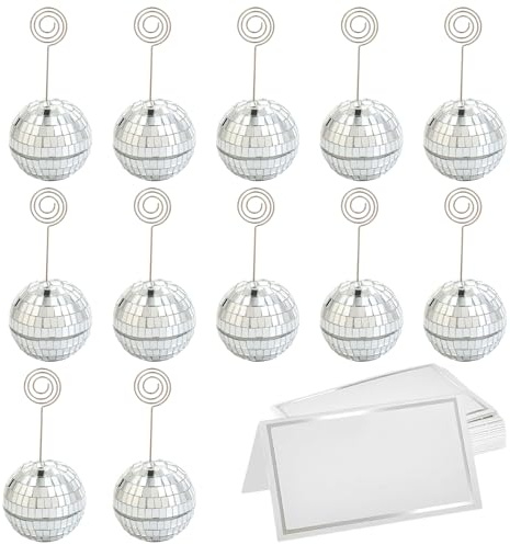 Pasdrucn Silber Discokugel Tischkartenhalter Mit Blankokarten, Silber Metall Menükartenhalter Mit Discokugel, Fotohalter Mit Klammern, Tischnummern Hochzeit, Postkartenständer, (12Pcs)