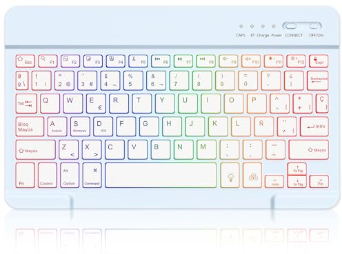 MMK Teclado inalámbrico Bluetooth para iOS, Android and Windows, Español Ñ | Teclas Silenciosas, Retroiluminado de 7 Colores Bluetooth Teclado para iPad, iPhone, Samsung, Lenovo, Huawei y más, Azul