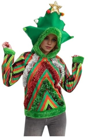Générique Costume Sapin de Noël, Vert, avec Tunique et Chapeau Halloween Costume Noel Femme Idéal pour Les Fêtes De Noël Et Les Tenues avec Une Robe À Capuche D Arbre De Noël Et Cape 3D Haut