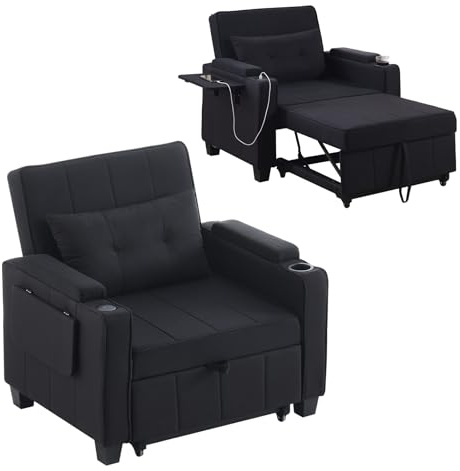 TUKAILAI 3-in-1 Schlafsofa mit Bettfunktion, Leinengewebe, Schwarz | Schlafsessel mit Verstellbarer Rückenlehne, Bettkasten Armlehne, Getränkehalter, Einzel-Sofabett für Gäste Kleine Zimmer