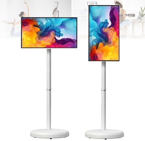 Televisor portátil de 21.5 Pulgadas Pantalla táctil FHD 1080P Smart TV Android 12 Soporte de TV con Ruedas para Interior Exterior(White,6+128G)