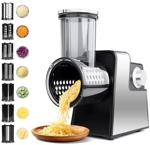 Electric Cheese Grater 7 in 1, Stainless Steel Salad Shooter, Food Slicer Shredder Chopper with Rotary Switch, 300W, for Block Cheese Vegetables Cucumber Carrots