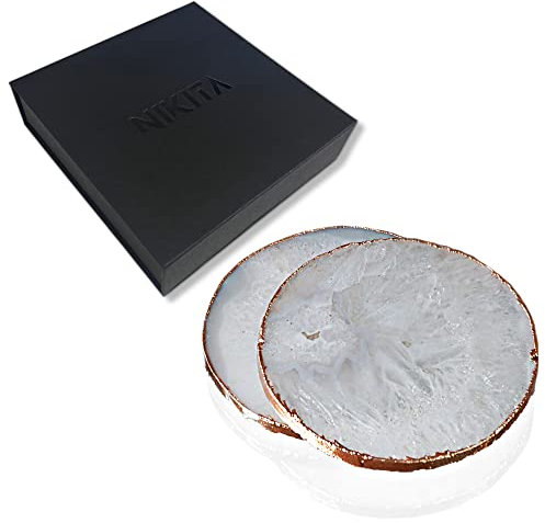 NIKITA Agate Crystal Coasters - White Natural Geode Crystal Coaster Set with Metallic Edge - New Home Gifts for Couple - Housewarming Gifts - Stone Coaster Set of 2 - Gift Box (Rose Gold)