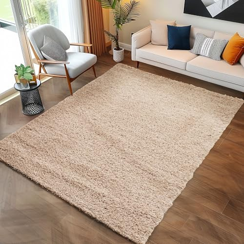 Carpettex Shaggy-Teppich, Hochflor, Wohnzimmer, Florhöhe 3 cm, einfarbig, Beige, 60 x 110 cm