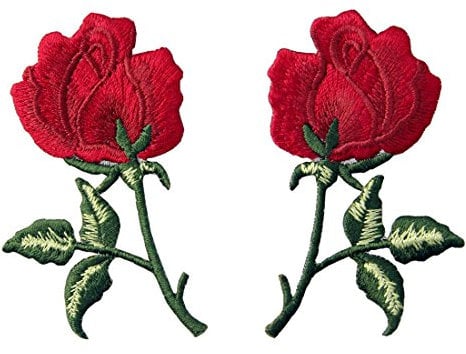 Aufnäher, bestickt, Design: Retro Blumen Boho Rote Rose, zum Aufbügeln oder Aufnähen