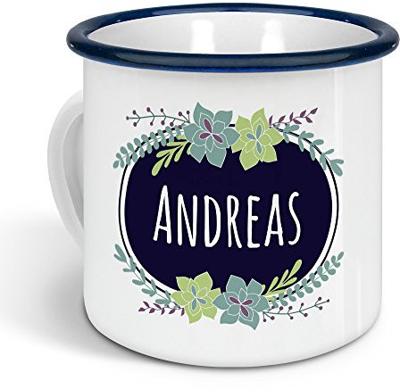 printplanet - Emaille-Tasse mit Namen Andreas - Metallbecher mit Design Flowers - Nostalgie-Becher, Camping-Tasse, Blechtasse, Farbe Blau, 300ml