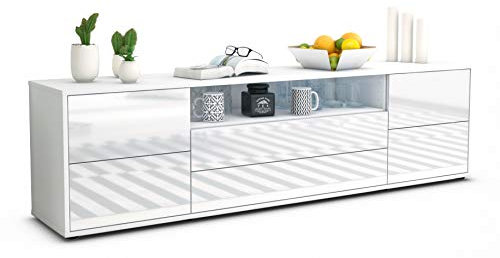 Stil.Zeit TV Schrank Lowboard Aurora, Korpus Weiss matt, Front Hochglanz-Design Weiß (180x49x35cm), mit Push-to-Open Technik & Leichtlaufschienen