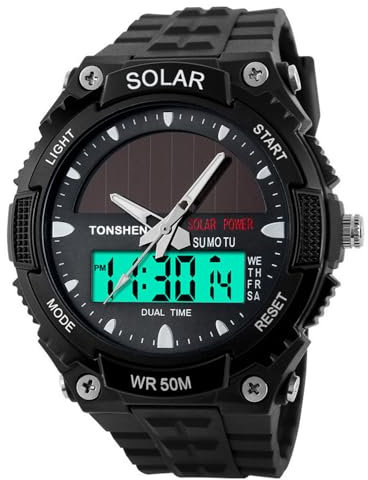 TONSHEN Herren Solar Digitaluhr Sportuhr LED Doppel Zeitzon Analog Quarz Uhren Outdoor Militär 50M Wasserdicht Elektronik Multifunktion Armbanduhr Plastik Lünetten und Kautschuk Band
