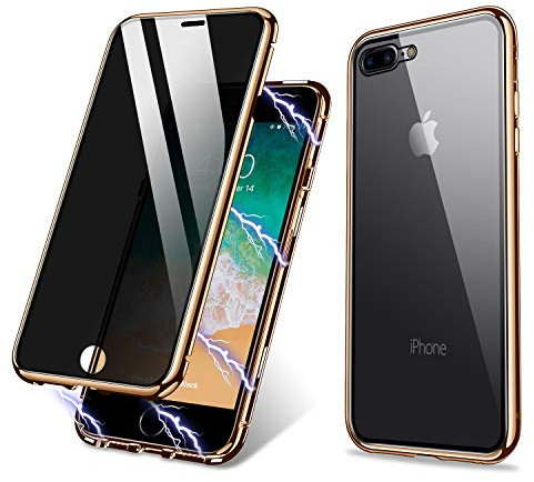 ZHIKE Phone Case Compatible with iPhone 7 Plus iPhone 8 Plus, Anti-Peep Magnetic Adsorption Case Front and Back Tempered Glass Full Screen Coverage One-piece Design Flip Privacy Cover (Golden)