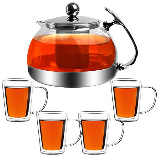 MONZANA® Teekanne mit Siebeinsatz und 4 Gläser 1,2 Liter Hitzebeständig Teesieb Herausnehmbar Glaskanne für losen Tee Edelstahl Deckel Borosilikatglas