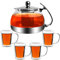 Monzana Juego de tetera de cristal con infusor extraíble y 4 tazas set de 5 piezas con vasos para bebidas té o café 1,2L