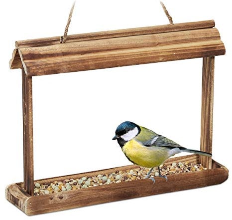 Relaxdays Mangiatoie per Uccelli, Casette in Legno Dispenser di Mangime da Esterno, Decorazione da Giardino, Marrone