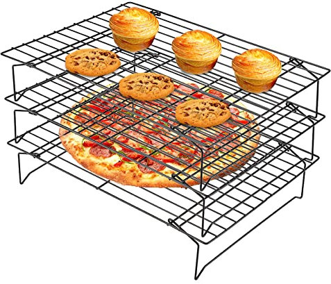Cake Cooling Rack, 3-Tier Carbon Steel Cooling and Baking Rack Non-Stick Cooking Grill Tray Home Kitchen Bakeware Baking Tools Accessories for Biscuits Breads Cakes Pastries