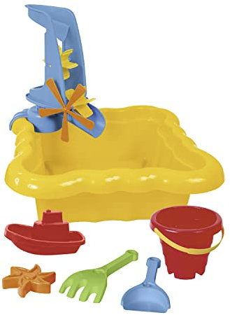 Wader 72011 - Happy Summer gelber Sandkasten mit Mühle, Eimer, Schaufel, Rechen, Boot und Sandform, ca. 35,5 x 35,5 x 14 cm groß, ab 12 Monaten, ideal als Geschenk für kreatives Spielen