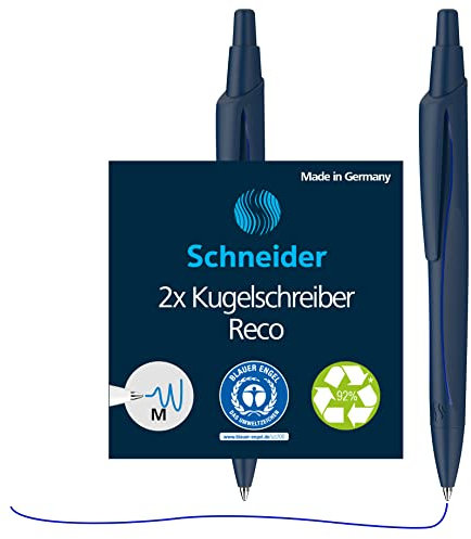 Schneider 73183 Reco Kugelschreiber (Aus recyceltem Kunststoff, ausgezeichnet mit Der blaue Engel, Schreibfarbe: Blau) blau, 2 Stück