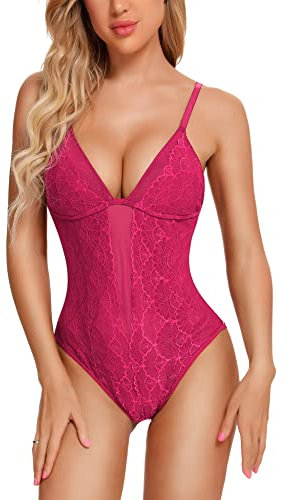 EVELIFE Body Donna Sexy Lingerie Pizzo Teddy Un Pezzo Scollo a V Cavallo a Scatto Biancheria Intima Trasparente(Rosa L)