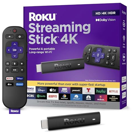 Roku Streaming Stick 4K | Appareil de Streaming Portable 4K/HDR/Dolby Vision, Télécommande Vocale Gratuite, TV en Direct