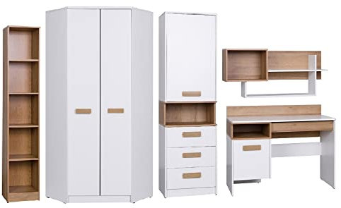 Marmex Kinderzimmer Komplettes Set Grant 4, im Set: Schreibtisch G2, Geschlossener Büchregal G6, Schmales bücherregal G7, Wandregal G3,Eckgarderobe G8 - Weiß + Riviera Eiche
