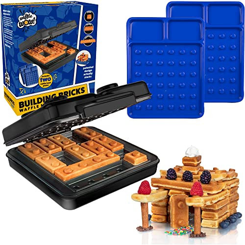 Black Building Brick Electric Waffle Maker with 2 Building Plates for Fun Eating and Cooking Waffles or Pancakes in Minutes, Stacking and Building