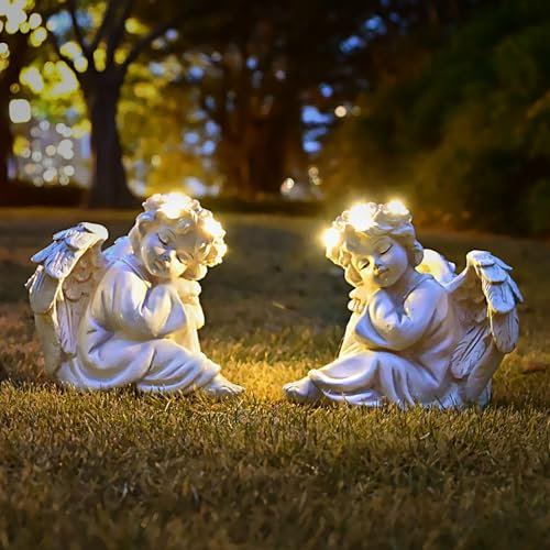 Juliahestia Engelstatue, Gartendekoration für draußen, Solar-Outdoor-Dekorationen, Engel, für Weihnachten, Hof, Veranda, Zuhause, Rasen, Geschenke (2 Stück) beleuchtete Figur Gedenkstätte mit