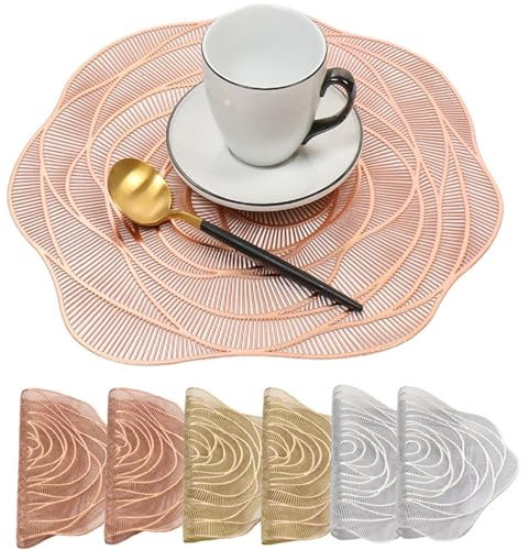 6er Set Tischsets Rund PVC Platzset Abwaschbar, 38cm Hitzebeständig rutschfest Platzdeckchen Vinyl Tischsets Platzteller, Elegant Rose Blumen Platzmatten Für Restaurant, Küche, Hochzeit Party