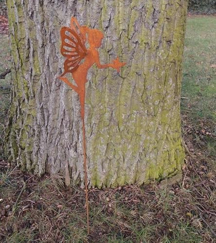Deko-Impresion Gartenstecker Beetstecker Gartenstab Fee Elfe mit Vogel Eisen rostig 78 cm