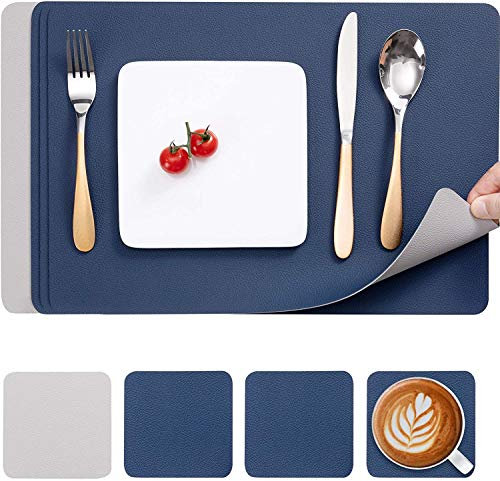 Myir JUN Set di Tovagliette e Sottobicchieri in Pelle, Americana Plastica Lavabili Impermeabile (Grigio Blu, Set di 4)