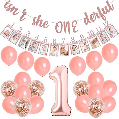 Isn't She Onederful Birthday Decoration 1st Birthday Decorations for Girls Rose Gold with isn't She Onederful Glitter Banner Newborn to 12 Months Photo Banner Number 1 Foil Balloon