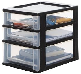 Iris Ohyama, Schreibtisch-Organizer mit 2 Flache und 1 Tiefe Schublade, Schwarz, Easy-Pull-System, A4, A5 & A6 Format, Schreibtisch Organizer für Büro, Schule, Schreibwaren, BPA-frei, Drawer,