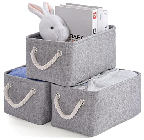 Kriovoa 3 Pcs Fabric Storage Baskets, Foldable Storage Baskets with Handles, Canvas Storage Boxes for Shelves, Toys, Clothes, Books 31x21x16cm, Grey.
