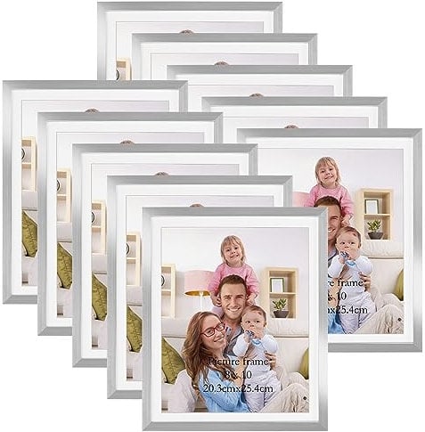 Giftgarden 10 Stück Bilderrahmen 20x25 cm mit Passepartout, Silber Fotorahmen Collage Set für 23x28 cm Fotos Ohne Passepartout, Wand- oder Tischaufsteller