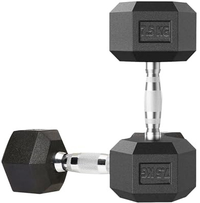 MAXSTRENGTH Hex Dumbbells Set 7.5kg Single Poly Rubber Encased Dumbbells Weights Set Cast Iron Chrome Home or Gym Strength Training Equipment