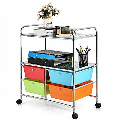 COSTWAY Rollwagen mit 4 stapelbaren Schubladen, Schubladenwagen Rollcontainer mit Metallgestell und Ablageflächen, Badrollwagen Aufbewahrungswagen für Büro, Wohnzimmer, Bunt