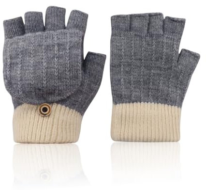 Abnaok Handschuhe Fingerlos, Thermohandschuhe Winter Damen Herren, Strickhandschuhe mit Flip Abdeckung, Geeinget für Innen und Außen Sporthandschuhe Fingerless Gloves (Grau)