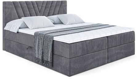 ALTDECOR Boxspringbett mit H3-Matratze (20 cm hoch) mit Bonellfederung + PUR, Topper (5 cm hoch), Polsterbett mit Kopfteil und Bettkasten - ERNINA - 160x200 - Dunkelgrau Samt