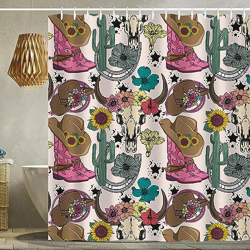 Western-Duschvorhang, Stiefel, Kaktus, Stier, Totenkopf, Sonnenblume, rustikal, Vintage, Bauernhaus, Duschvorhang mit Haken, 183 x 183 cm, wasserdicht, Polyester, Badezimmer-Vorhang (Stiefel, Kaktus,