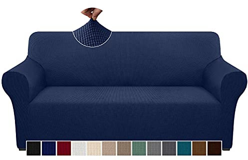 Granbest Überprüft Couchbezug für 3 Kissen Couch Hohe Dehnung Sofabezug 3-Sitzer Waschbare Sofaschutz für Hunde Haustiere Rutschfester Möbelschutz (3-Sitzer, Dunkelblau)