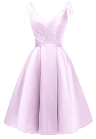 JIIL Women Spaghetti Straps Satin Short Prom Dresses V-Neck Homecoming Dresses Mini Cocktail Gowns with Pockets Lilac 26