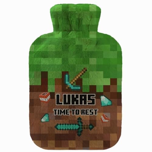 Personalisierte Wärmflasche mit Minky Pullover Bezug 2 Liter Bettflasche mit schönen Fleece-Druck Bezug Gummi Wärmflasche mit Deckel Pixels [092]