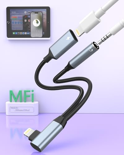 Adattatore da Lightning a Jack per cuffie da 3,5 mm e Lightning, Splitter per Convertitore di Cuffie ad Angolo Retto Compatibile con iPhone 14/13/12/11/SE/X/8 Musica + Ricarica + HiFi