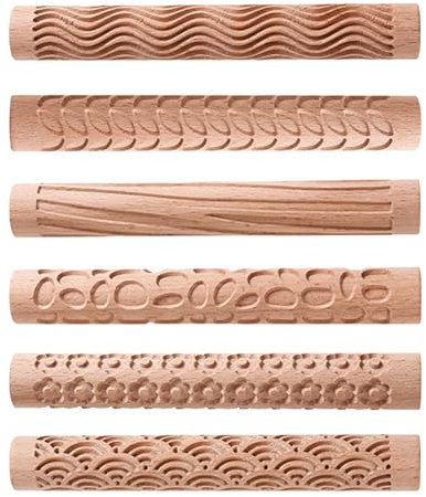 TALOEYH 6 Stile Modelliermuster-Roller, Holz-Textur-Roller, handgefertigter Ton-Nudelholz, strukturierte Handroller, Keramikwerkzeuge für Heimwerkerhandwerk (Typ 2)