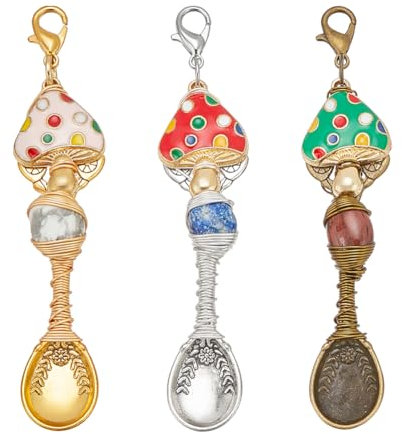 NBEADS 3 Pcs 3 Colors Natural Gemstone Pendants, Spoon Alloy Wire Wrapped Necklace Spoons for DIY Craft Jewelry Making Necklace Bracelet Key Chain, 7.7cm Long