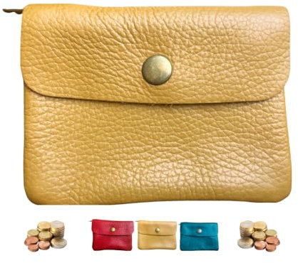 Porte-Monnaie - Porte-Clés - Petit Portefeuille - Porte-Cartes 11x9cm en Véritable Cuir - étui pour Femme, Enfant. (Jaune Moutarde-D)