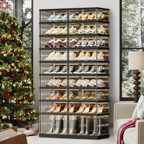 Faltbares Schuhregal 2er Set - ELPHECO 9 Ebenen 36 Paare Schuh-Organizer, Transparente Schuhaufbewahrungsbox für den Eingangsbereich, Großer Faltbarer Schuhschrank aus Kunststoff, schwarz