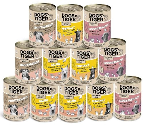 Dogs’n Tiger Adult Hundefutter, Nassfutter, Getreidefrei, Schlemmerpaket, ohne Zuckerzusatz & künstliche Konservierungsstoffe, optimale Verträglichkeit, Wild, Huhn, Ente, Lamm & Rind, 12x400g