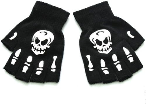 Lozadia Halloween Skelett Handschuhe - Halbfinger leuchten im Dunkeln Schädel Knochen Kostüm Zubehör für kleine Hand Männer & Frauen oder Jungen und Mädchen Schwarz, Schwarz , L