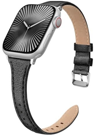 Tuocal Genuine Leather Strap Compatible with Apple Watch 38mm 40mm 41mm 42mm(Series 10) for Women Men, Slim Thin Elegant Narrow Leather Straps Compatible with Apple Watch Series 10 9 8 7 6 5 4 3 2 1