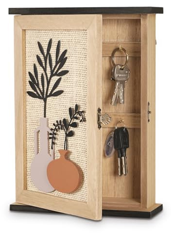 WPAJIRZO Schlüsselkasten Holz - Dekorativer Schlüsselschrank mit kunstvoller Blumenvase-Verzierung, 6 Haken, Wandmontage oder freistehend