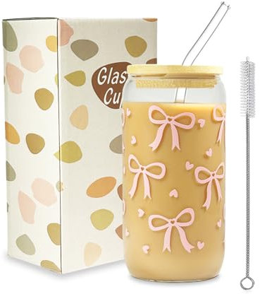 JEKUGOT Bow Glass Cup, Bow Iced Coffee Glass Cups with Lids and Straws, 16 oz Bow Mug Aesthetic Cups, Pink Cute Glass Cups for Girls, for Women, Friends