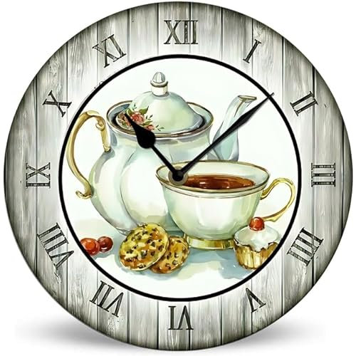 Horienteeon Teapot and Tea Wood Wall Clock 25cm Battery Operated Non-Ticking Wall Clock, Rustic Country Style Wall Clocks for Bedroom, Bathroom, Kitchen, Living Room, Home Office, School, Bakery